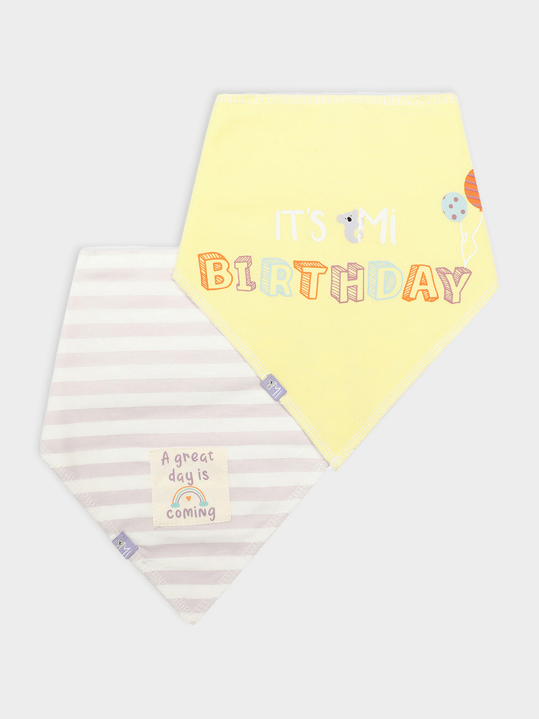 MiArcus 100% Cotton Knitted Its My Birthday Print Triangle Bib With Snap Button - Pk of 2