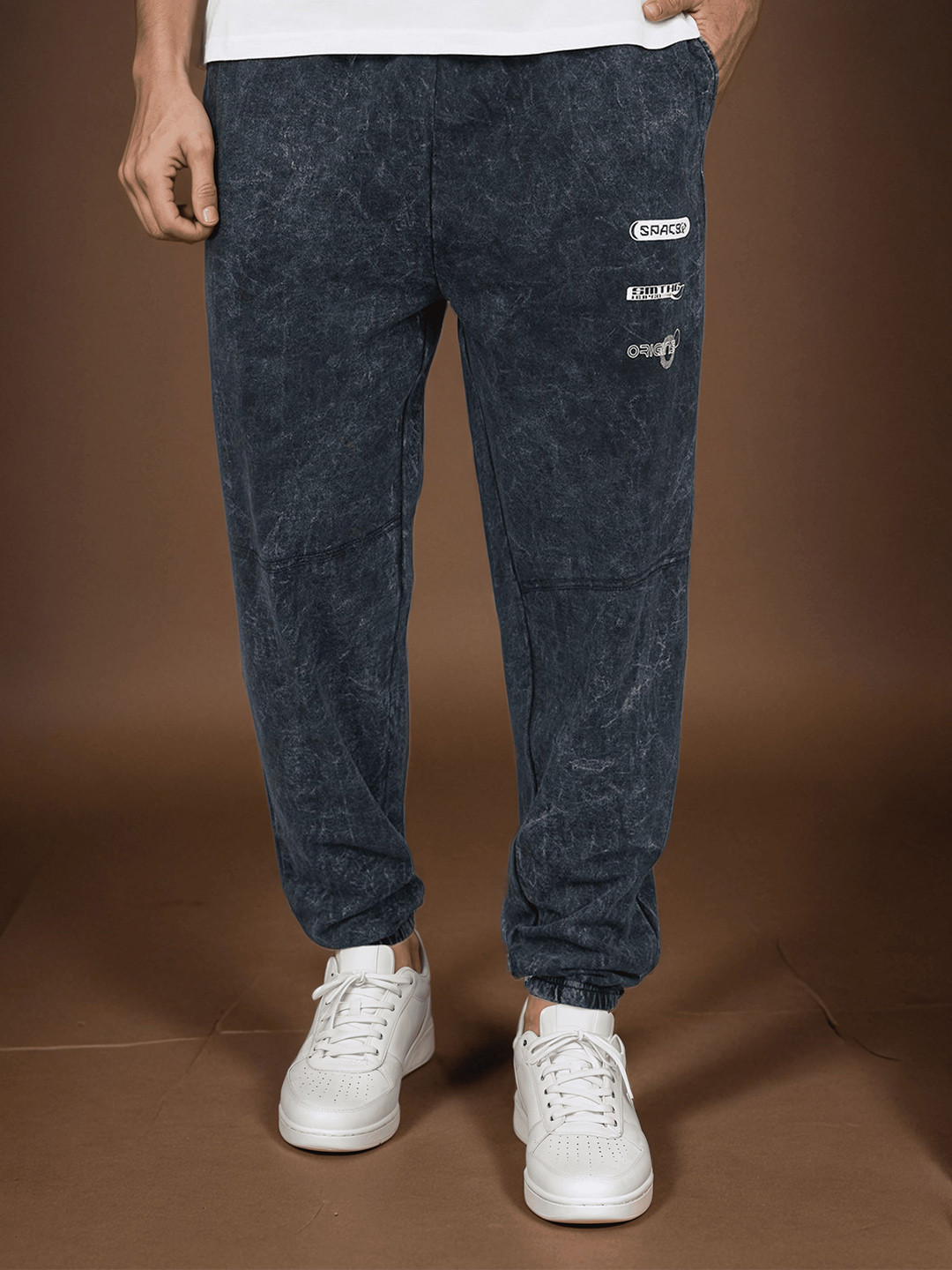 Styli Men Black Acid Wash Pocket Print And Panel Detail Cotton Terry Oversized Joggers