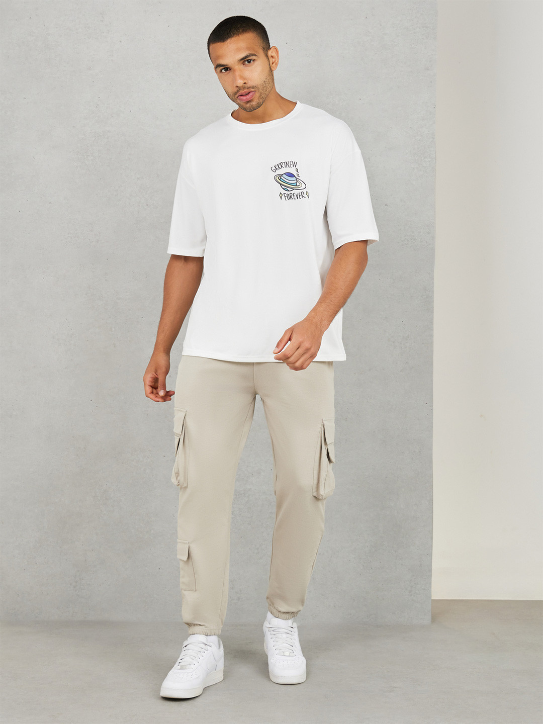 Styli Men Beige Cotton Terry Cargo Jogger with Zipper Pockets