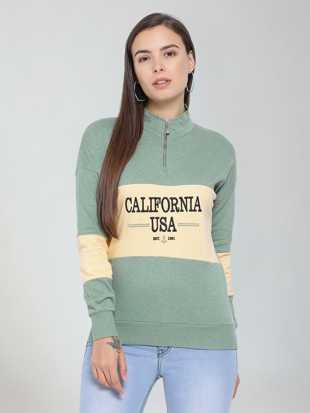 Moda Elementi Colourblocked High Neck Long Sleeves Winter Top