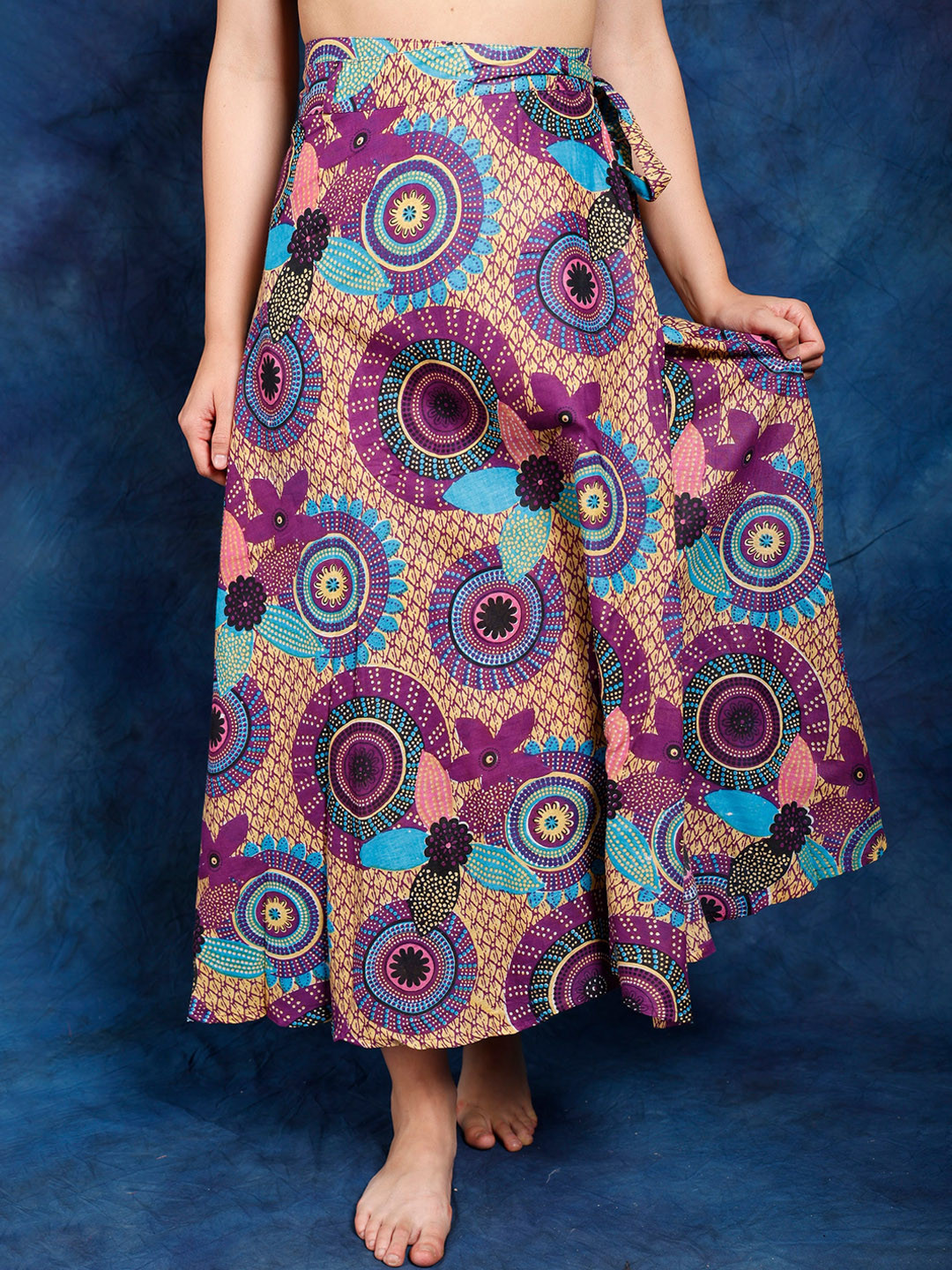 Exotic India Multicolor Wrap Around Pure Cotton Long Skirt with Printed Chakra Pattern
