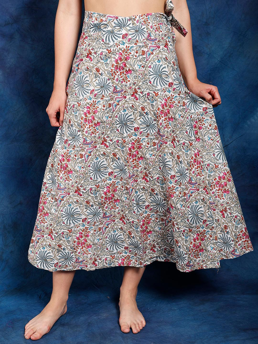 Exotic India Multicolor Wrap Around Casual Long Skirt with Printed Multicolor Flowers
