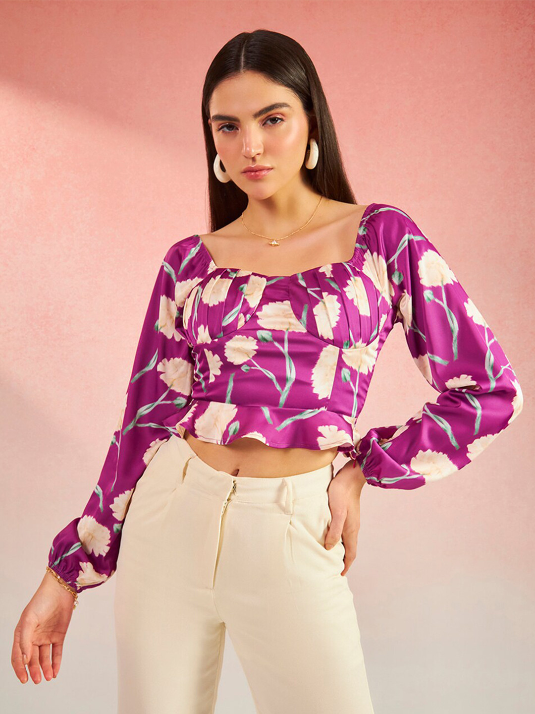 Virgio Satin Floral Bustier Flared Hem Top