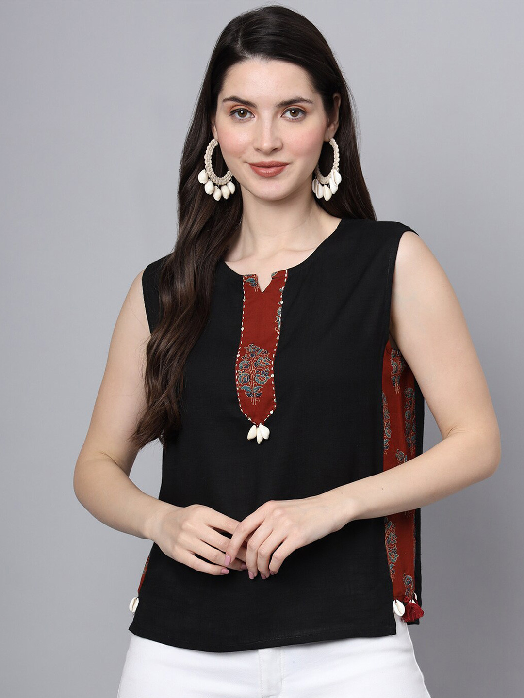FABRIC FITOOR Sequined Notched Neck Sleeveless Casual Top