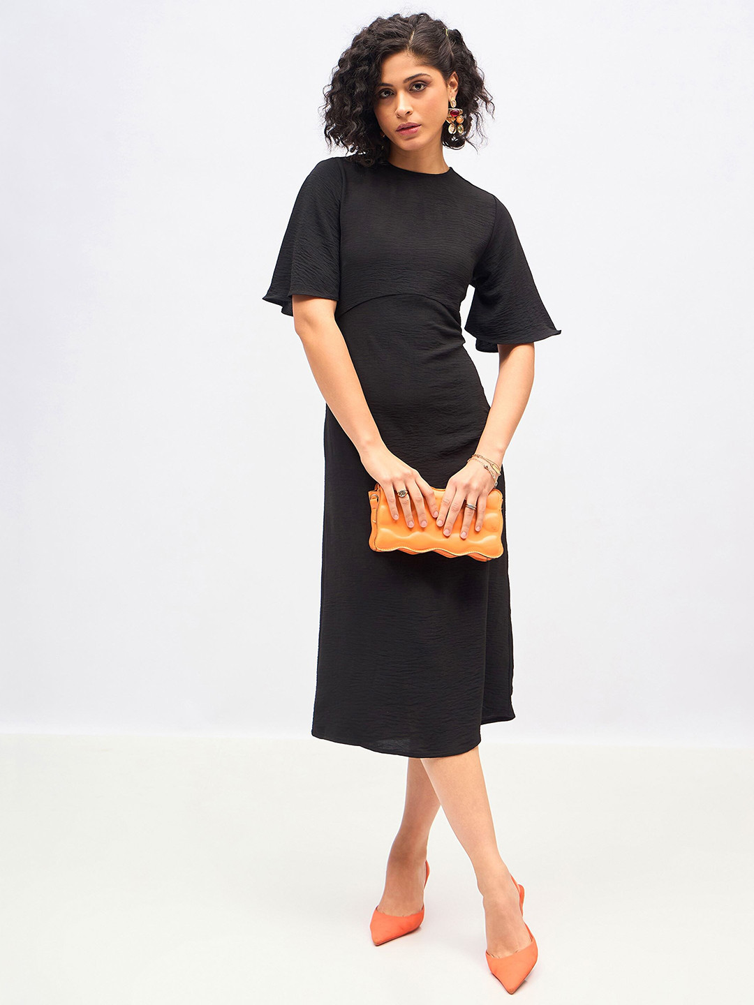 SASSAFRAS Flared Sleeve Cut Out A-Line Midi Dress