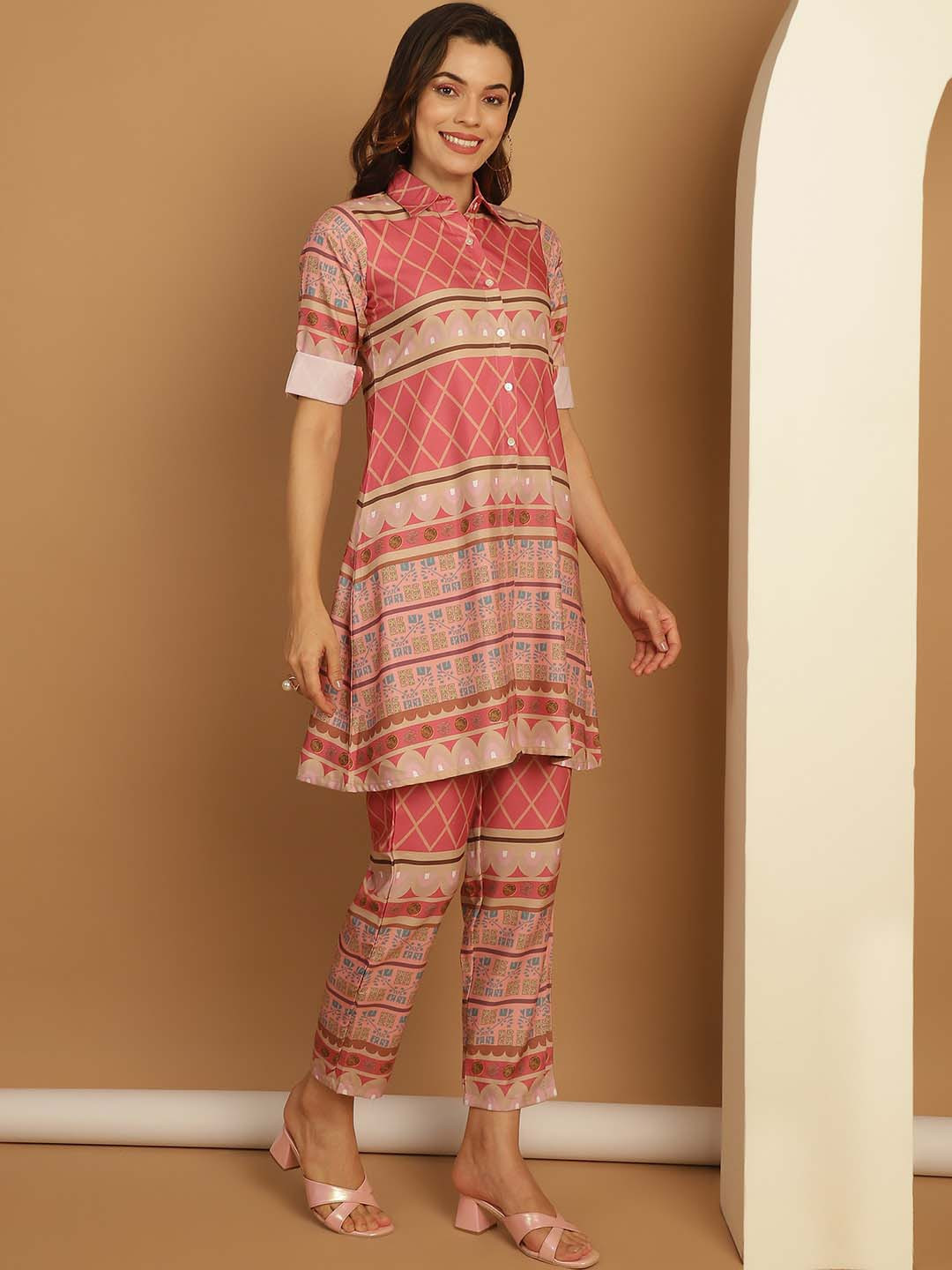 Indian Needle Printed Shirt Collar Tunic With Trousers