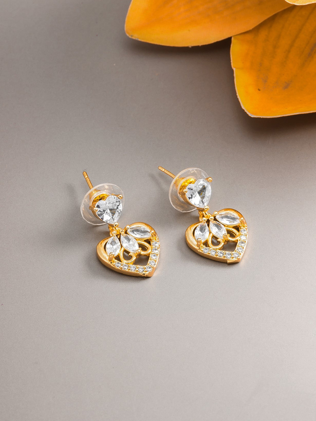 LUMIERE JEWEL Gold Plated CZ Studded Heart Pattern Drop Earrings