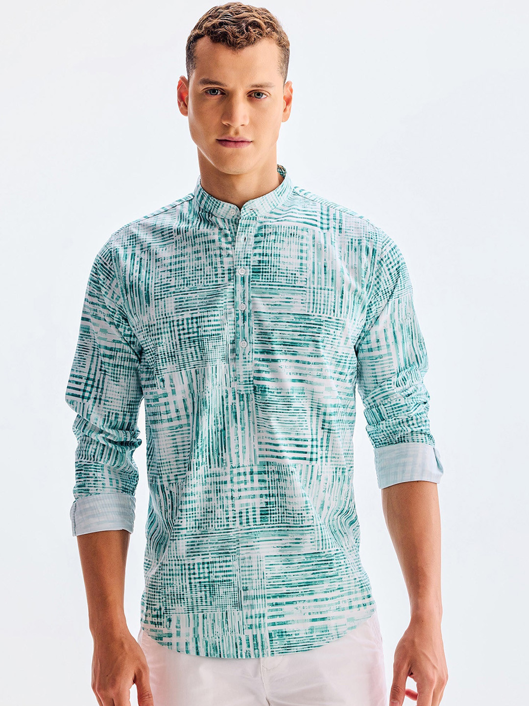 Red Flame Mandarin Collar Abstract Printed Kurta