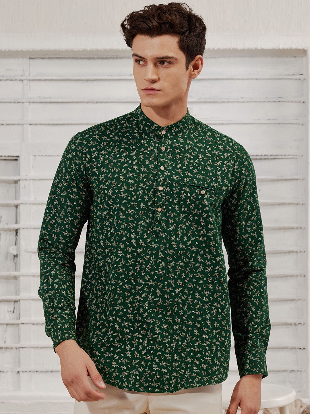 Red Flame Mandarin Collar Full Sleeve Printed Cotton Casual Kurta