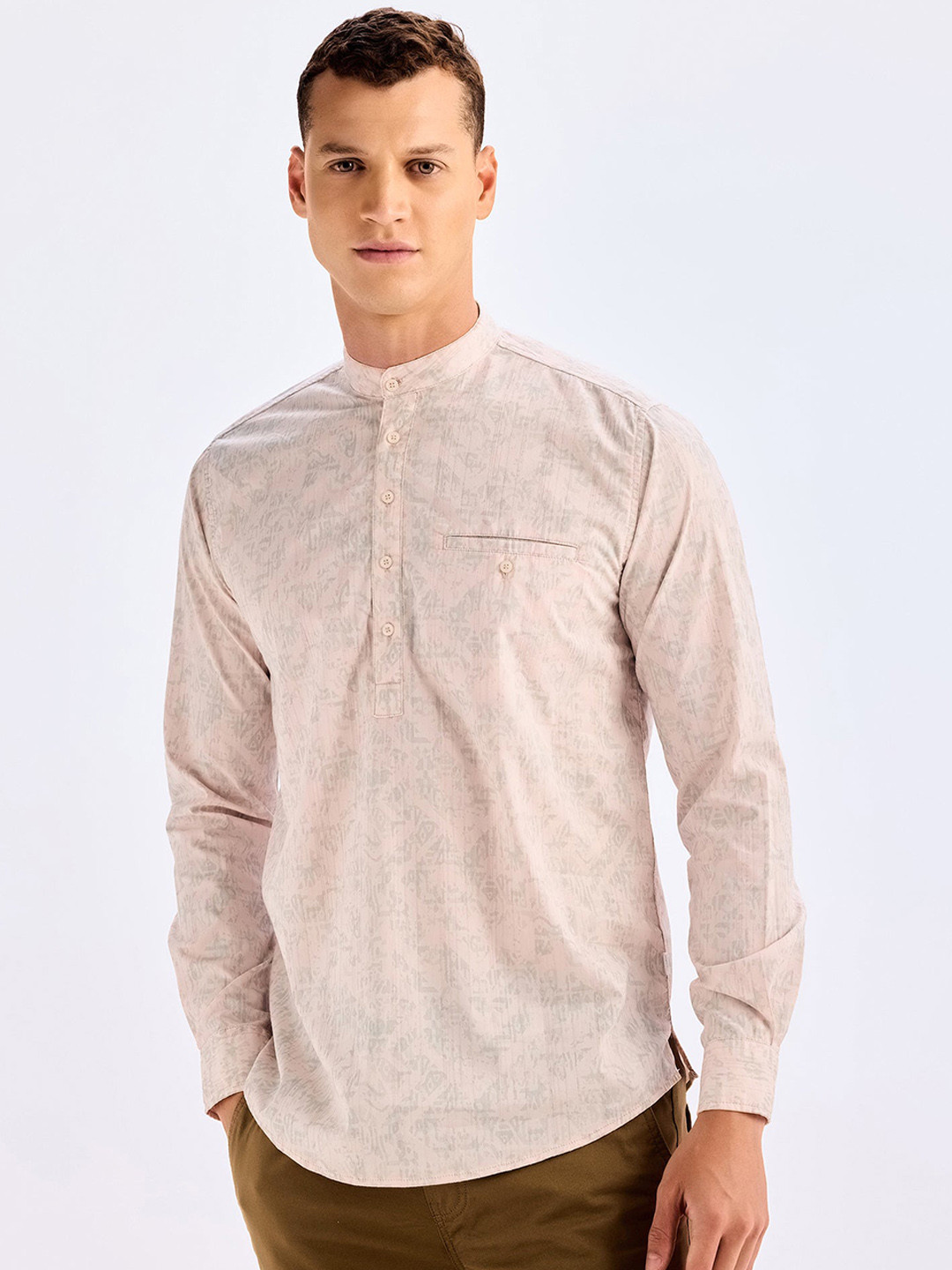 Red Flame Abstract Printed Band Collar Kurta