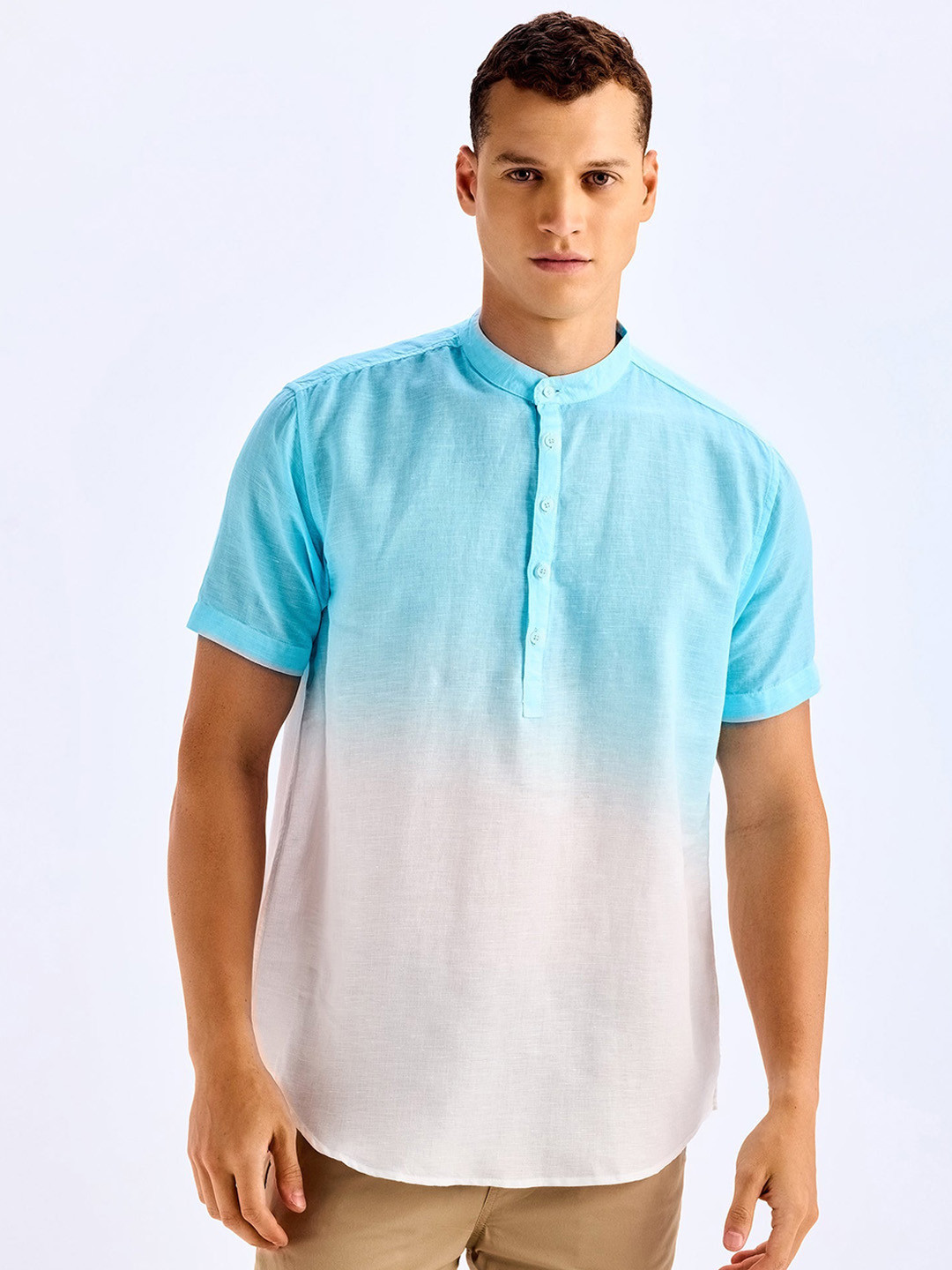 Red Flame Dyed Mandarin Collar Short Sleeve Straight Kurta