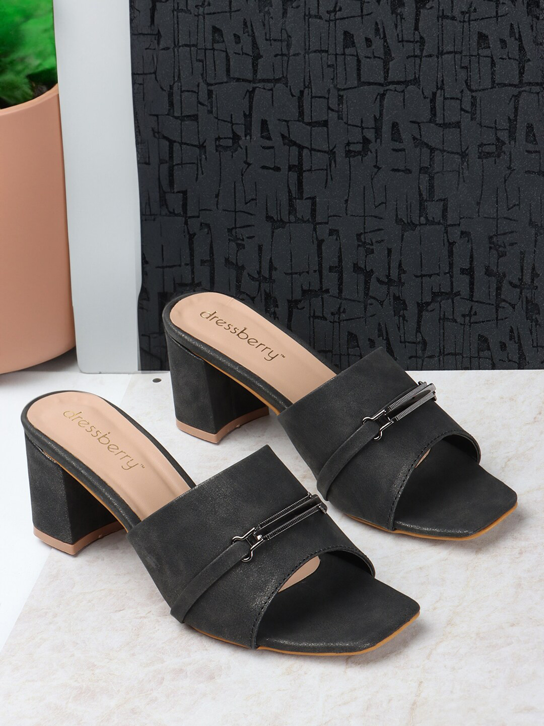 DressBerry Charcoal Open Toe Block Heels