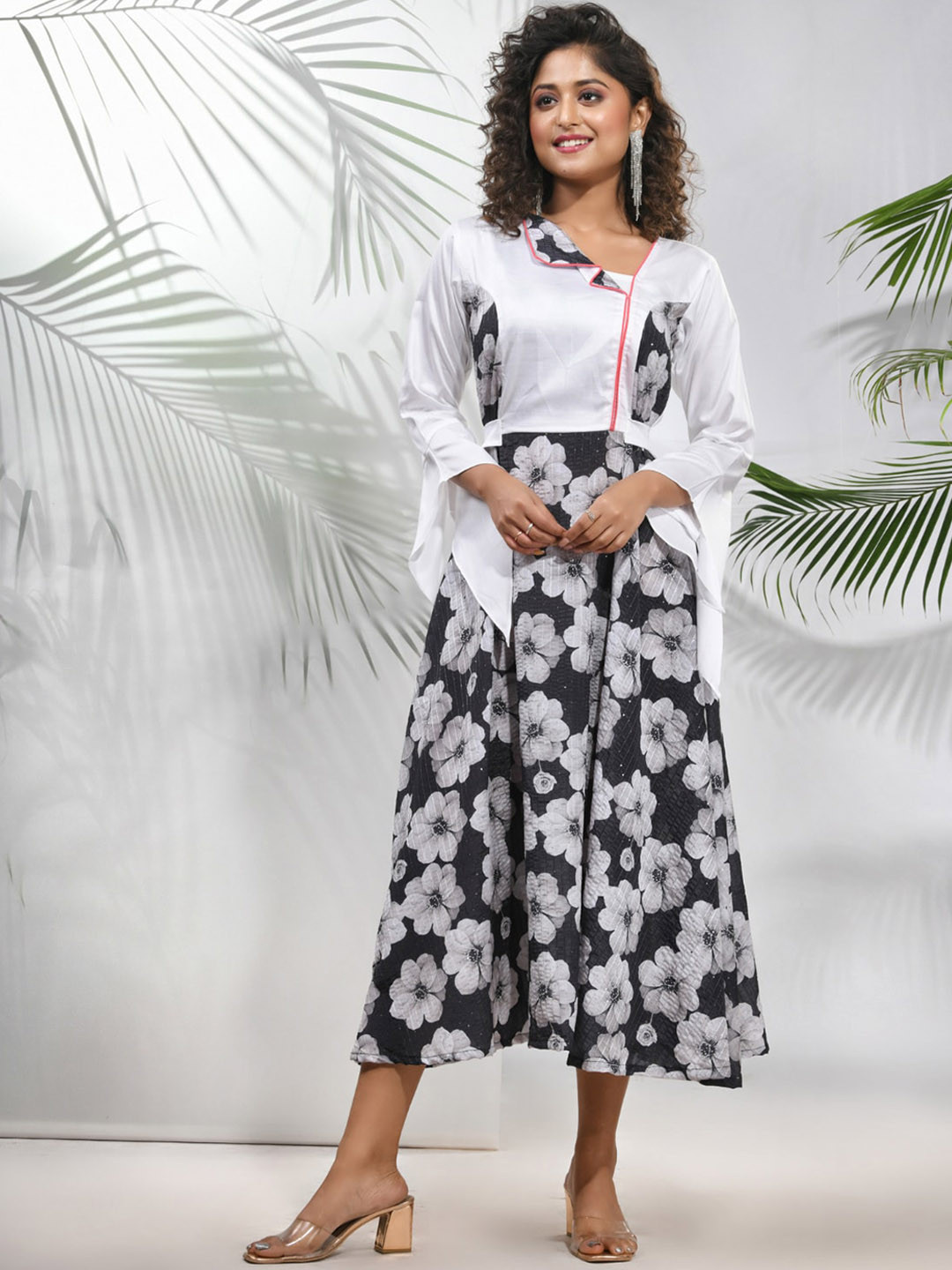 Charukriti Floral Printed Asymmetric Neck Silk Fit & Flared Midi Ethnic Dresses