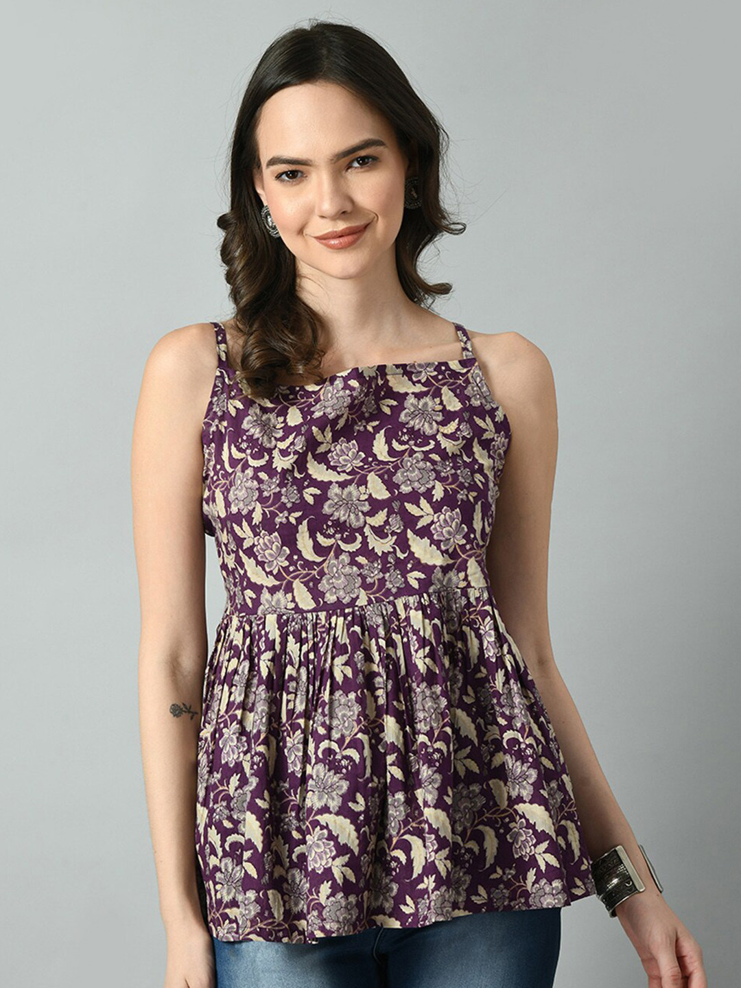 VIDHANI Floral Printed Shoulder Straps Peplum Top