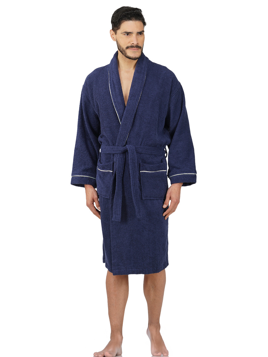 Aura Premium Egyptian Cotton Drawstring Knee Length Bath Robe with Pair Slipper-XL