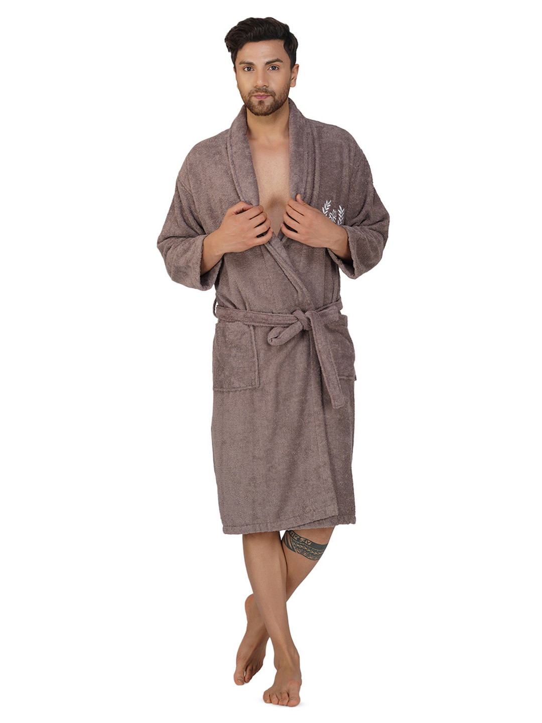 Aura Embroidered Organic Bamboo Drawstring Knee Length Bath Robe with Pair Slipper-XL