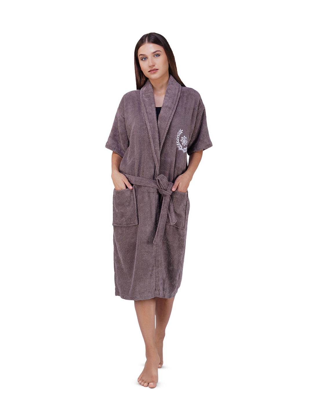 Aura Brown Embroidered Organic Bamboo Drawstring Knee Length Bath Robe with Pair Slipper-L