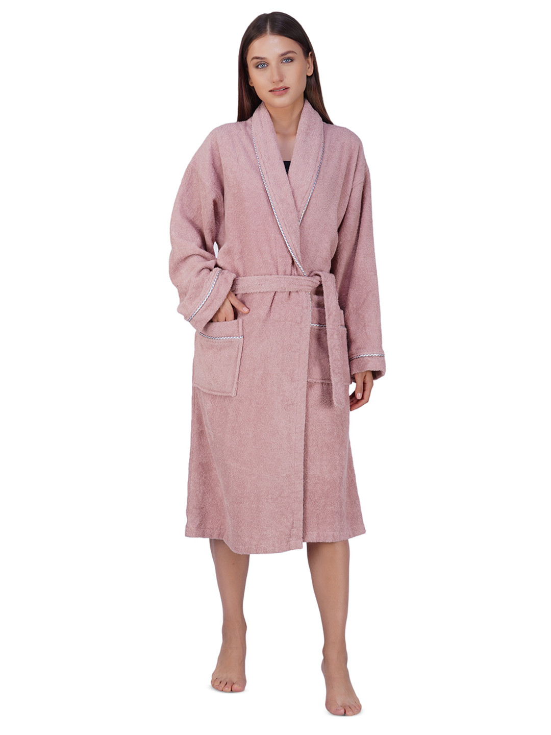 Aura Premium Egyptian Purple Cotton Drawstring Knee Length Bath Robe with Pair Slipper-L