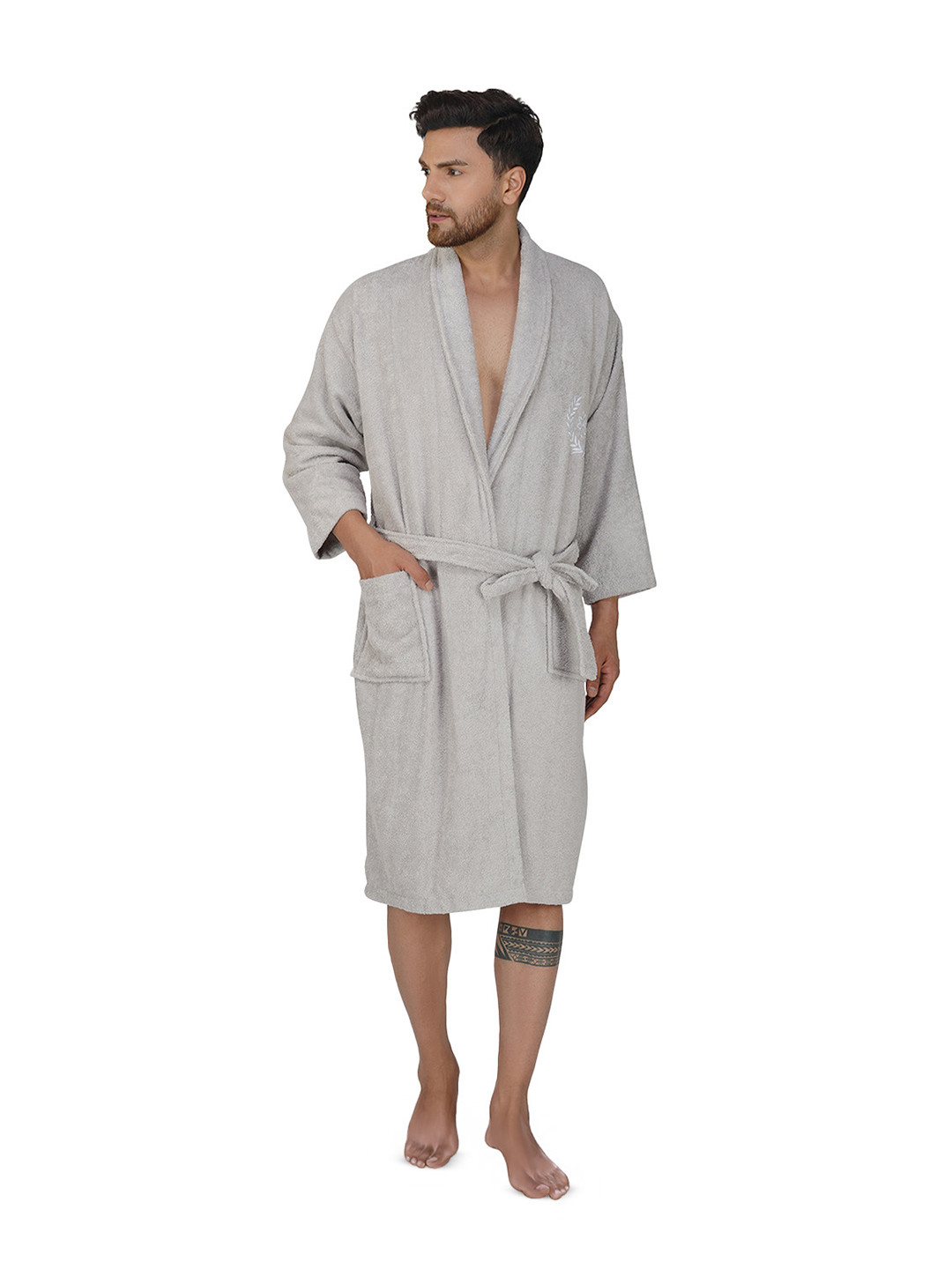 Aura Grey Embroidered Organic Bamboo Drawstring Knee Length Bath Robe with Pair Slipper-XL