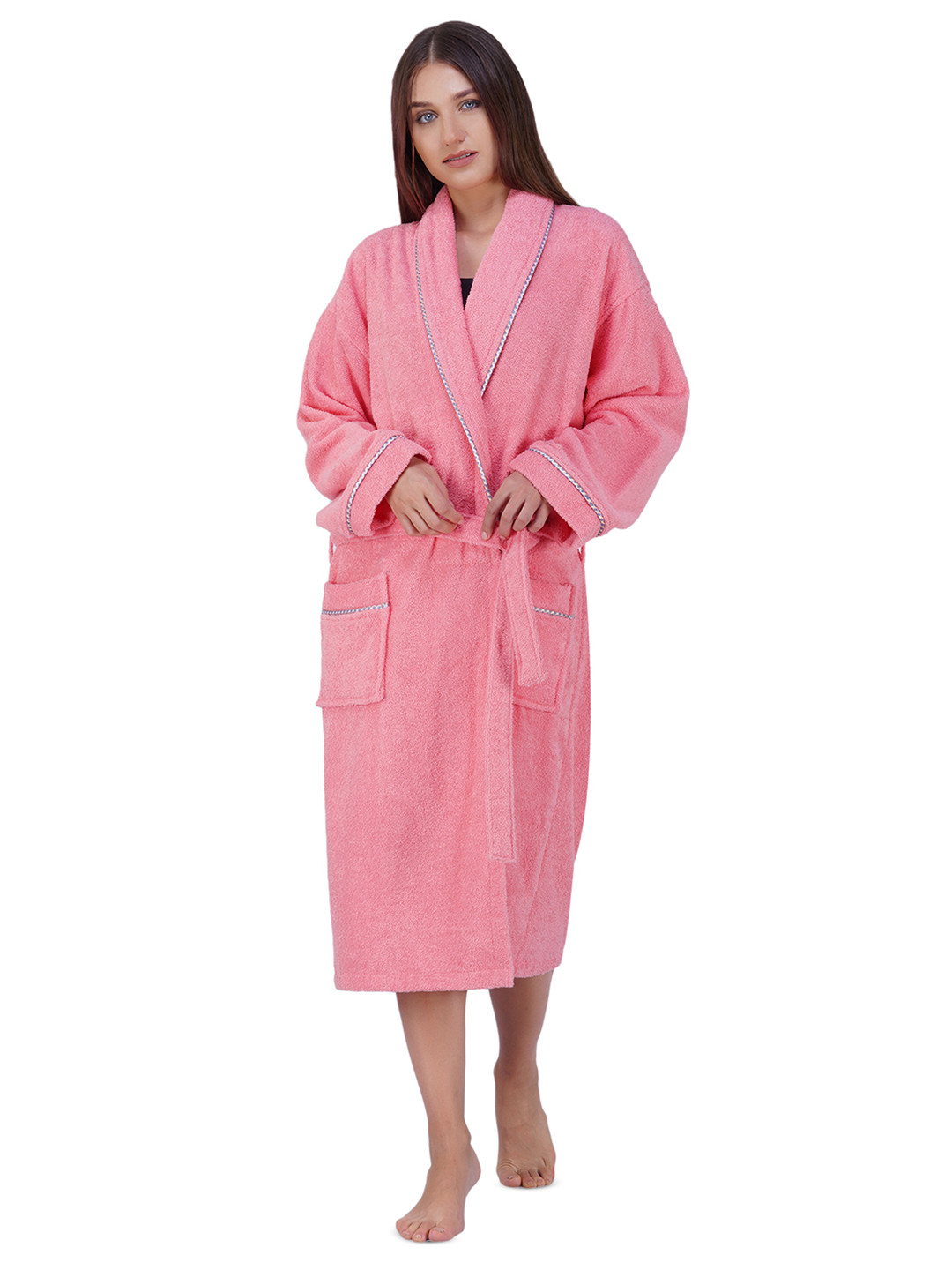 Aura Premium Egyptian Coral Cotton Drawstring Knee Length Bath Robe with Pair Slipper-L