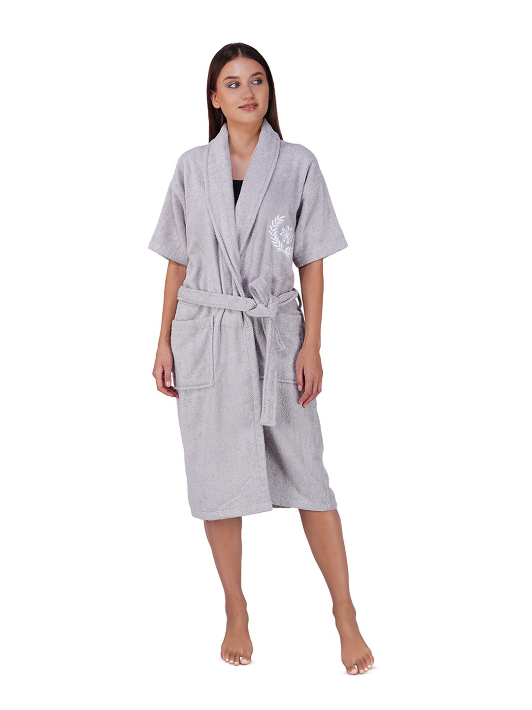 Aura Grey Embroidered Organic Bamboo Drawstring Knee Length Bath Robe with Pair Slipper-L