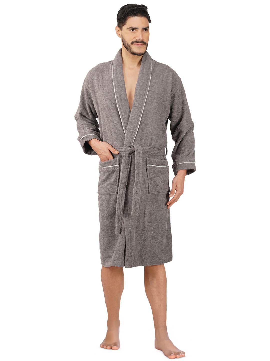 Aura Premium Egyptian Grey Cotton Drawstring Knee Length Bath Robe with Pair Slipper-XL