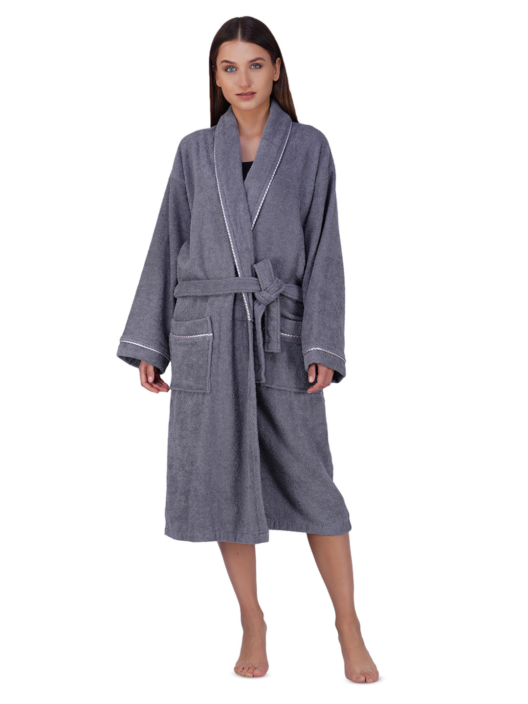 Aura Premium Egyptian Grey Cotton Drawstring Knee Length Bath Robe with Pair Slipper-L