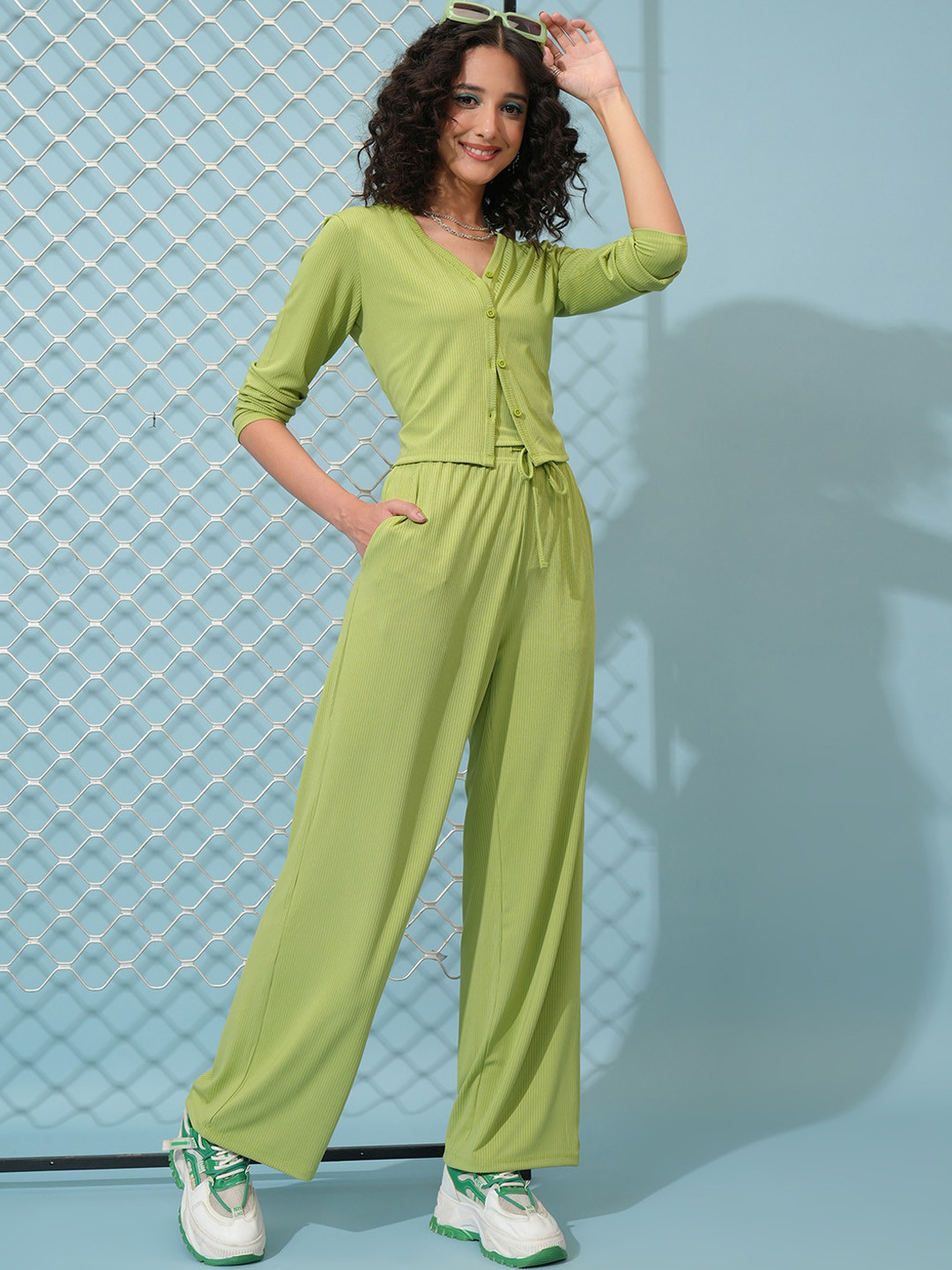 Tokyo Talkies Ribbed Cami Top & Trousers With Cardigan Co-Ords