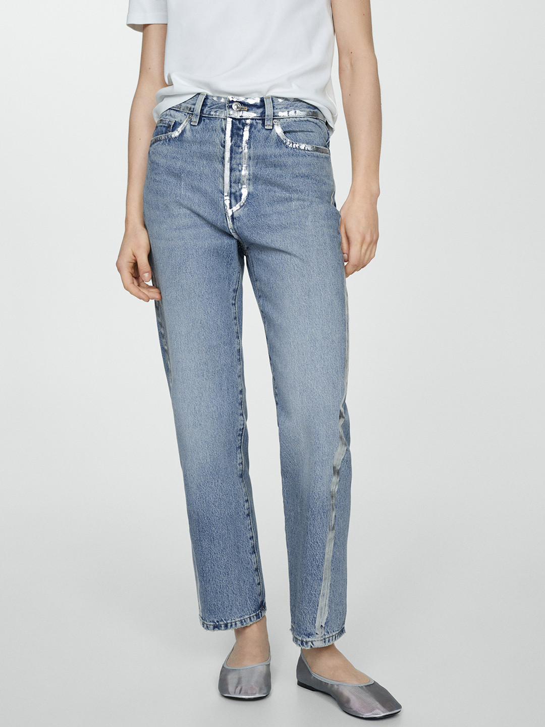 MANGO Women Light Fade Pure Cotton Straight Regular Fit Jeans with Foil Detail