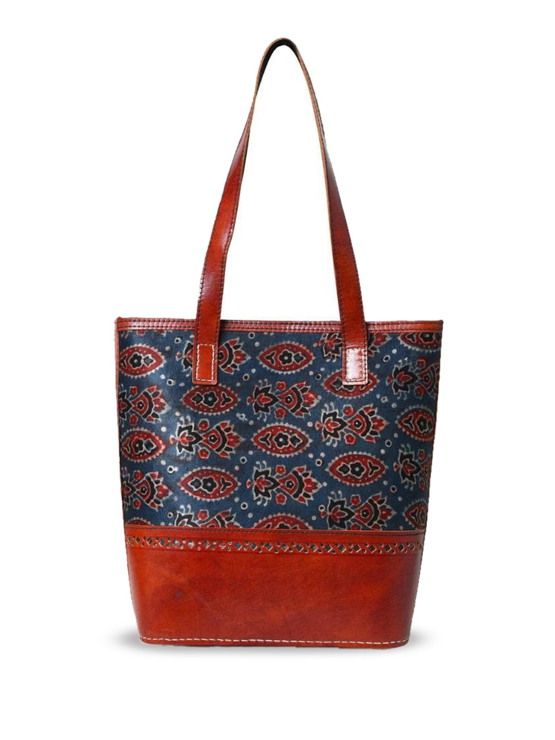 MaheTri Neela Ajrakh Leather Tote Bag