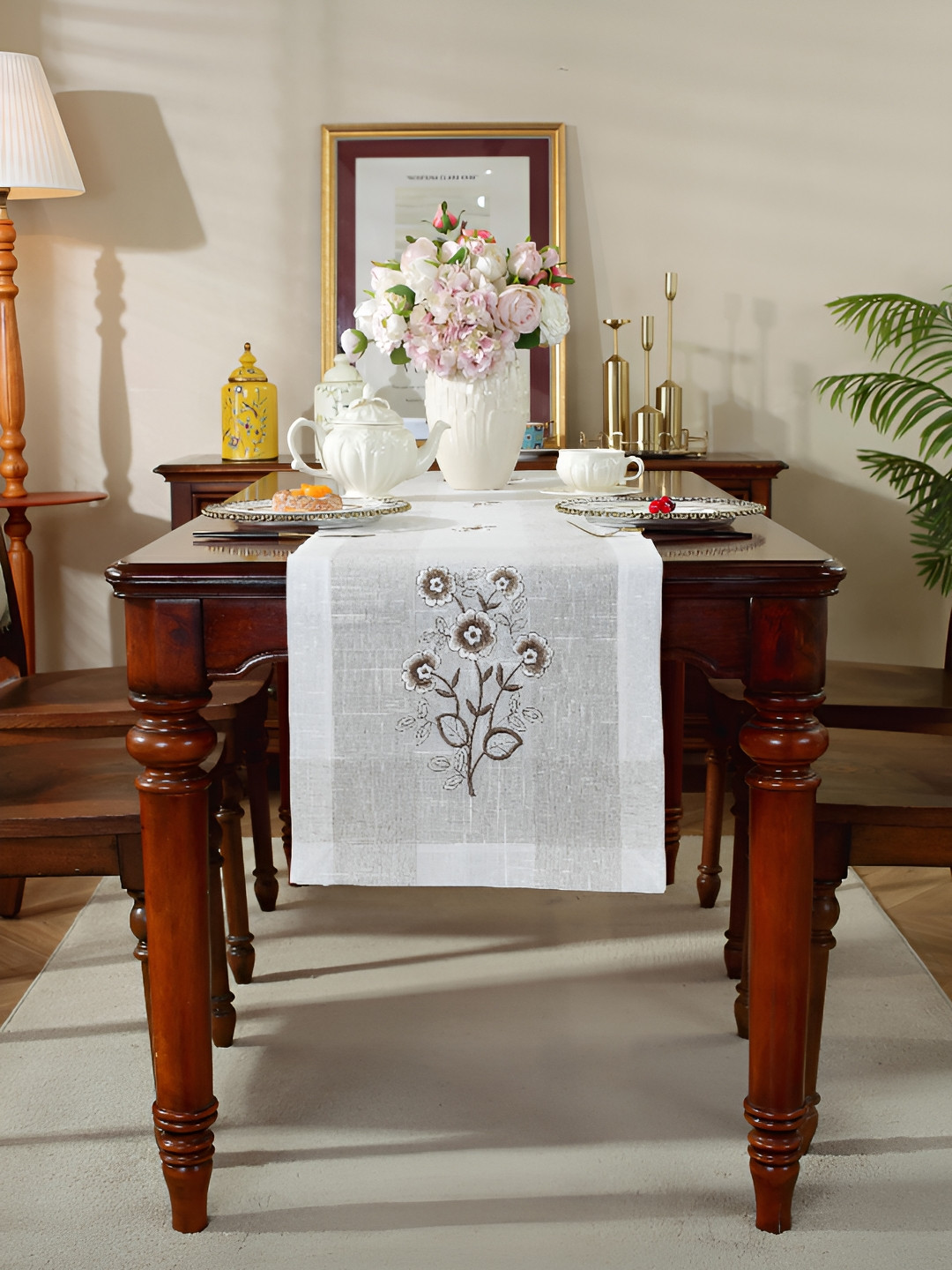 MONKDECOR Brown & White Embroidered Rectangular Runner