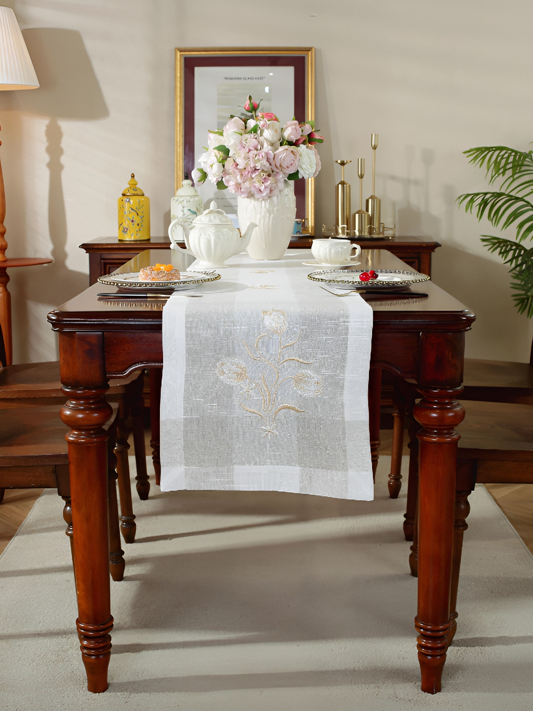 MONKDECOR White & Camel Brown Embroidered Table Runner