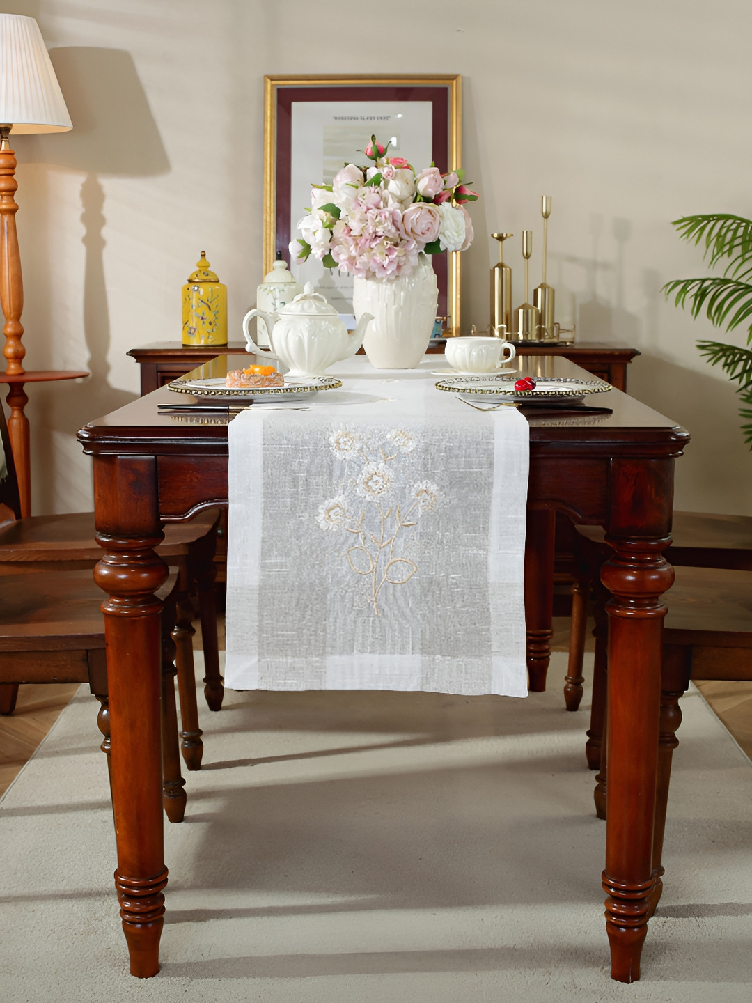 MONKDECOR White & Camel Brown Embroidered Table Runner