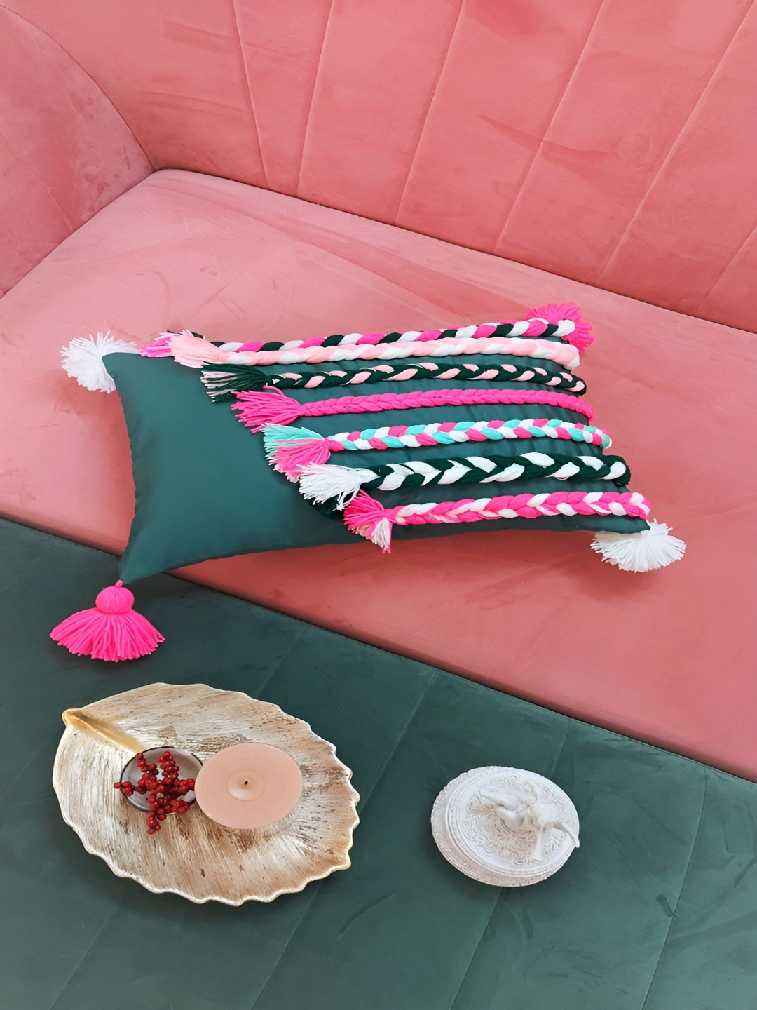 THROWPILLOW Green Geometric Cotton Washable Embroidered Rectangle Cushion Cover -12x18In