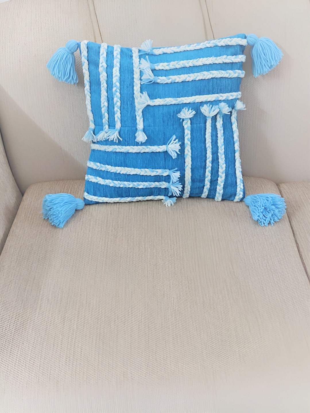 THROWPILLOW Blue Geometric Polyester Washable Embroidered Rectangle Cushion Cover -14x14In