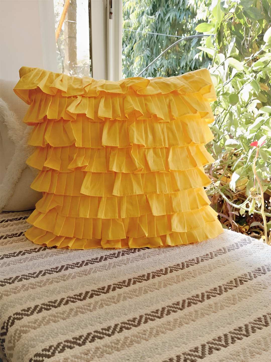 THROWPILLOW Yellow Self Design Cotton Washable Textured Square Cushion Cover -18x18In
