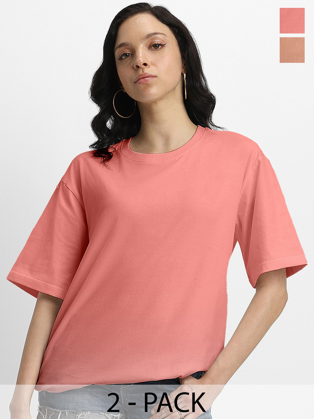 JUNEBERRY Set of 2 Orange & Brown Drop-Shoulder Relaxed Fit Pure Cotton Oversized T-Shirts