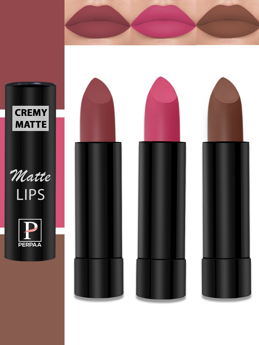 PERPAA Cremy Matte Set Of 3 Long Lasting Lipstick - 3.5g Each-Red Rush-Nude -Pink Fusion