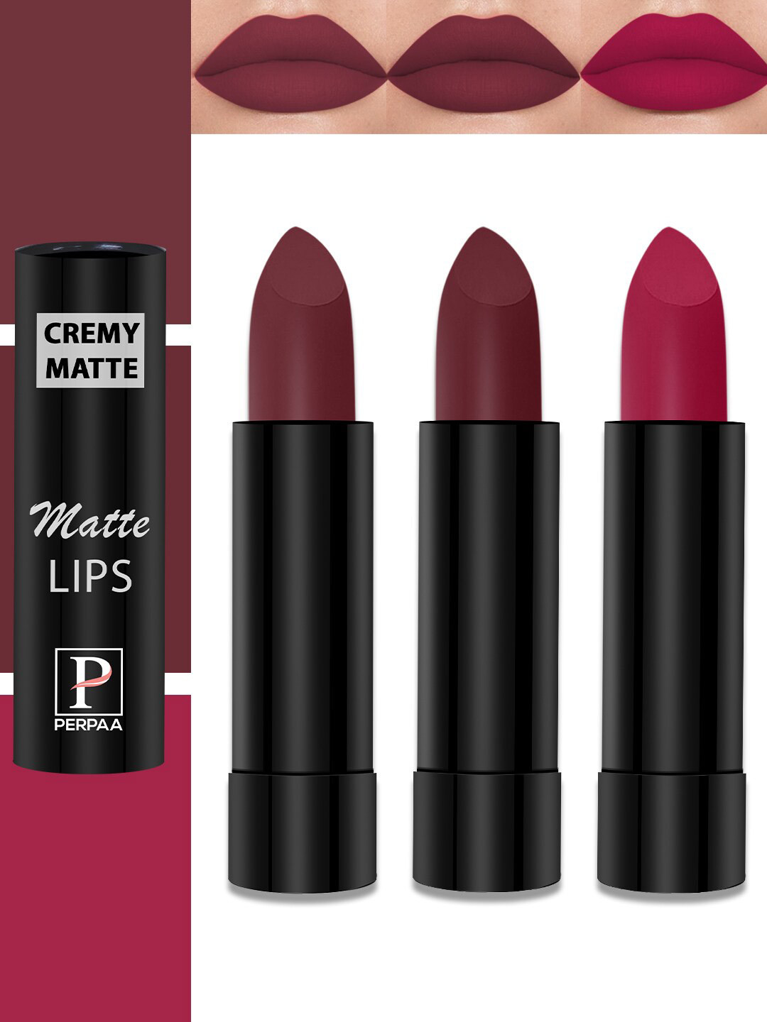 PERPAA Cremy Matte Set Of 3 Long Lasting Lipstick - 3.5g Each-Tan Red-Magenta-Dark Maroon