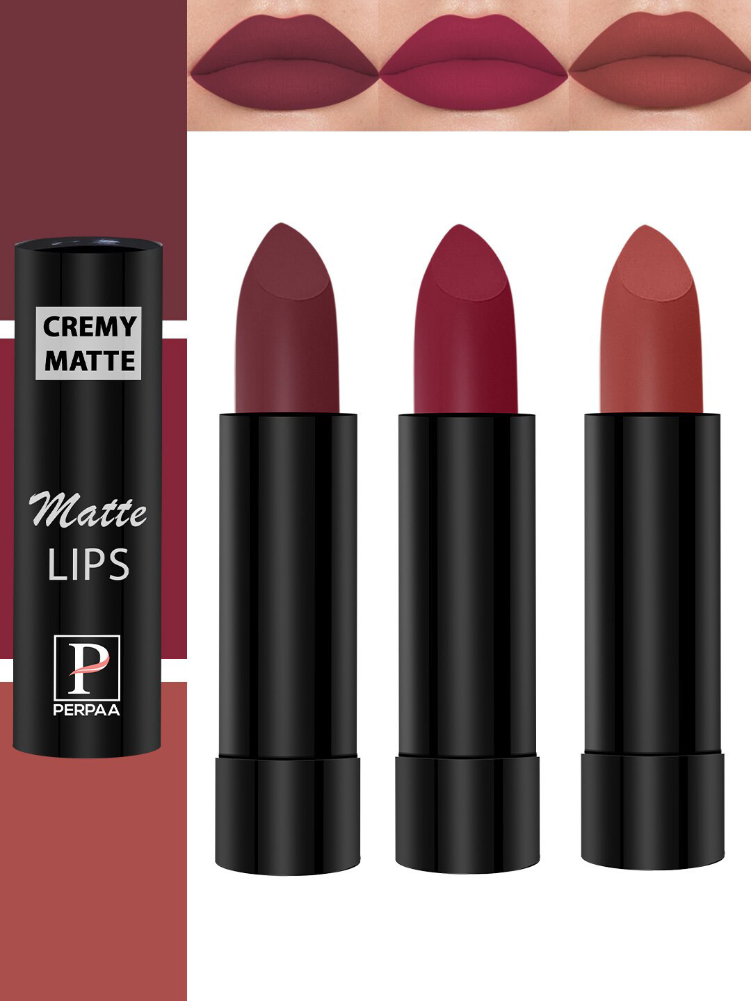 PERPAA Cremy Matte Set Of 3 Long Lasting Lipstick - 3.5g Each-Rust-Tan Red-Candy Pink