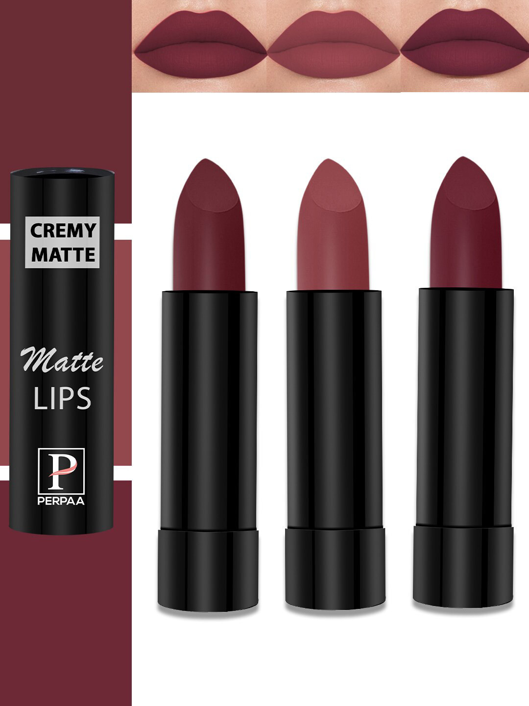 PERPAA Set Of 3 Cremy Matte Long Lasting Bullet Lipstick - Shades 95, 96, 110