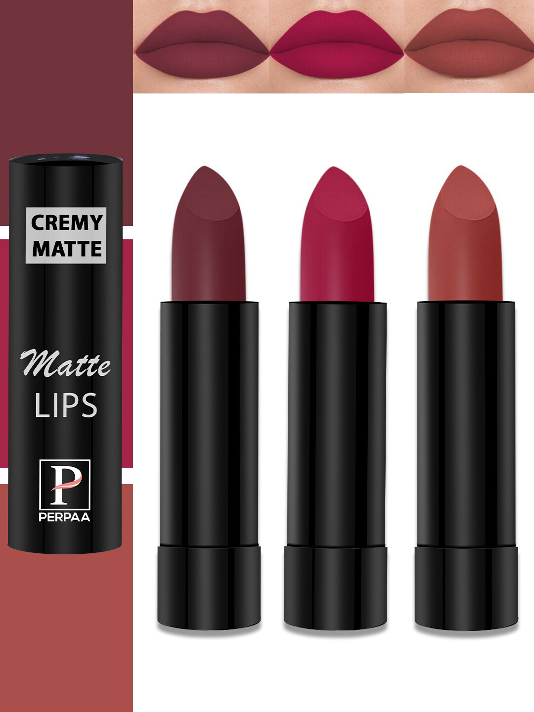 PERPAA Cremy Matte Set Of 3 Long Lasting Lipstick - 3.5g Each-  Rust-Tan Red-Ruby Magenta
