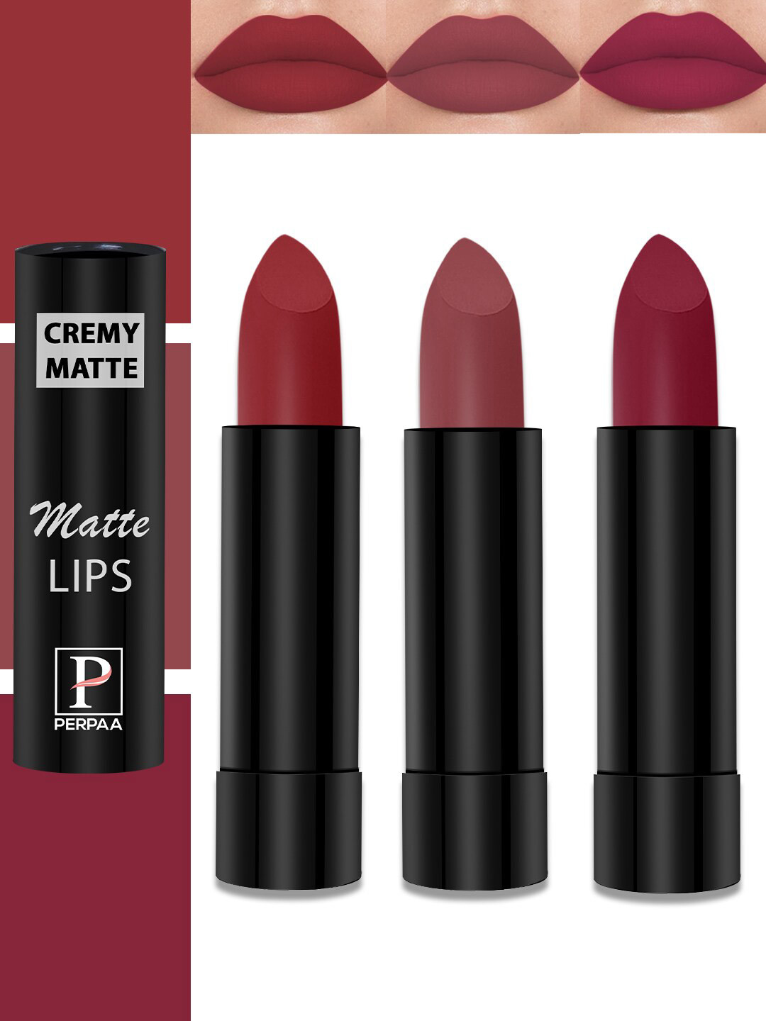 PERPAA Cremy Matte Set Of 3 Long Lasting Lipstick - 3.5g Each-Crimson Red-Candy Pink-Red