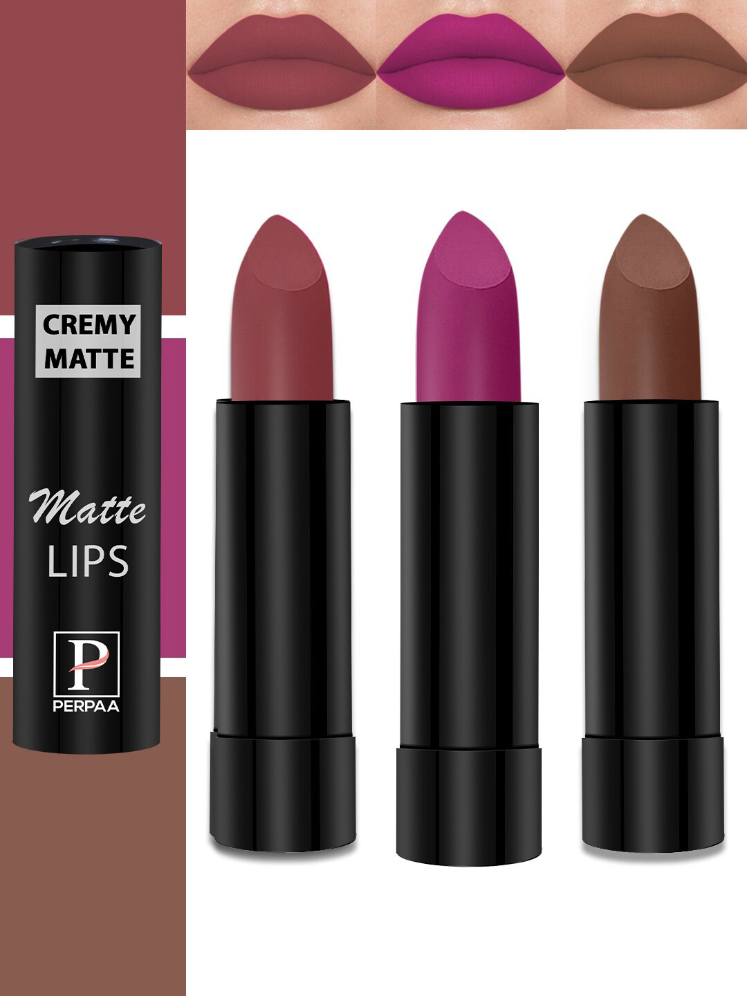 PERPAA Cremy Matte Set Of 3 Long Lasting Lipstick - 3.5g Each-Red Rush-Nude Brown-Magenta