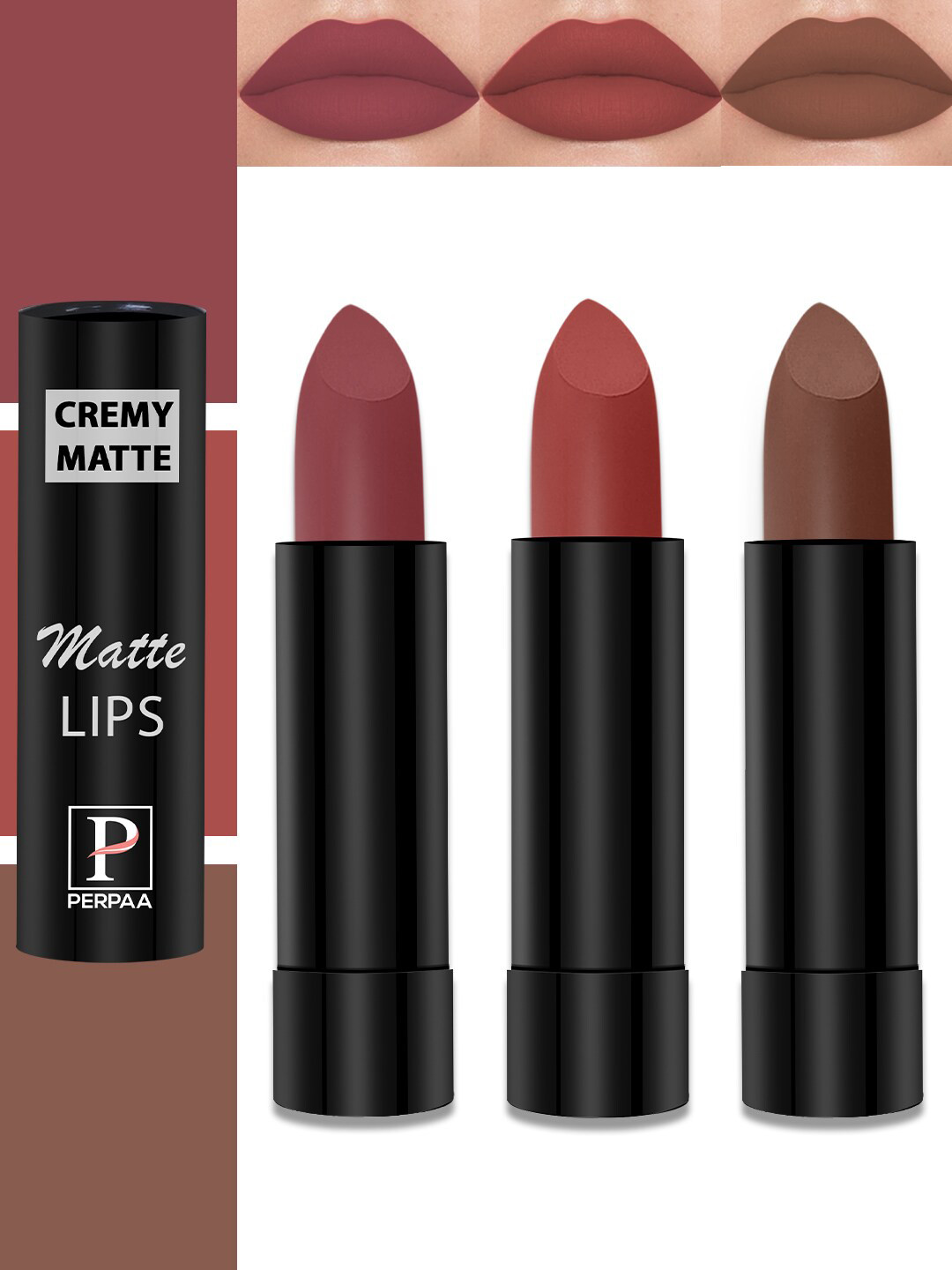 PERPAA Cremy Matte Set Of 3 Lipstick With Jojoba Oil- 3.5g Each-Red Rush-Nude Brown-Rust
