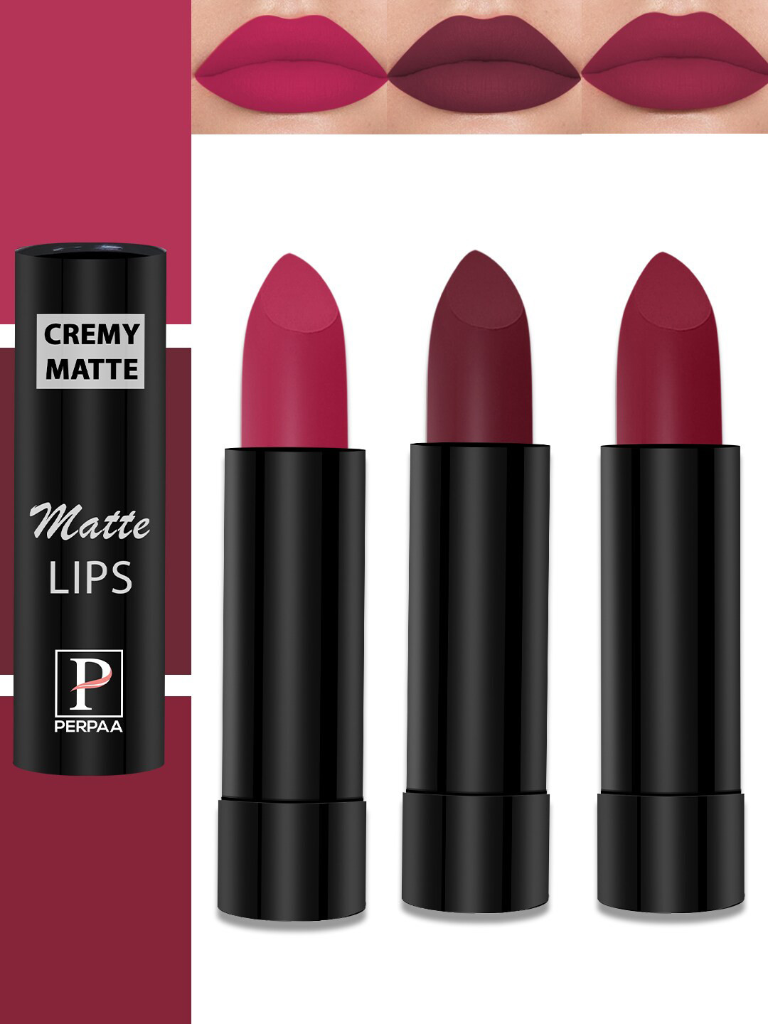 PERPAA Cremy Matte Set Of 3 Lipstick With Jojoba Oil 3.5g Each-CandyPink-Pink-Dusky Maroon