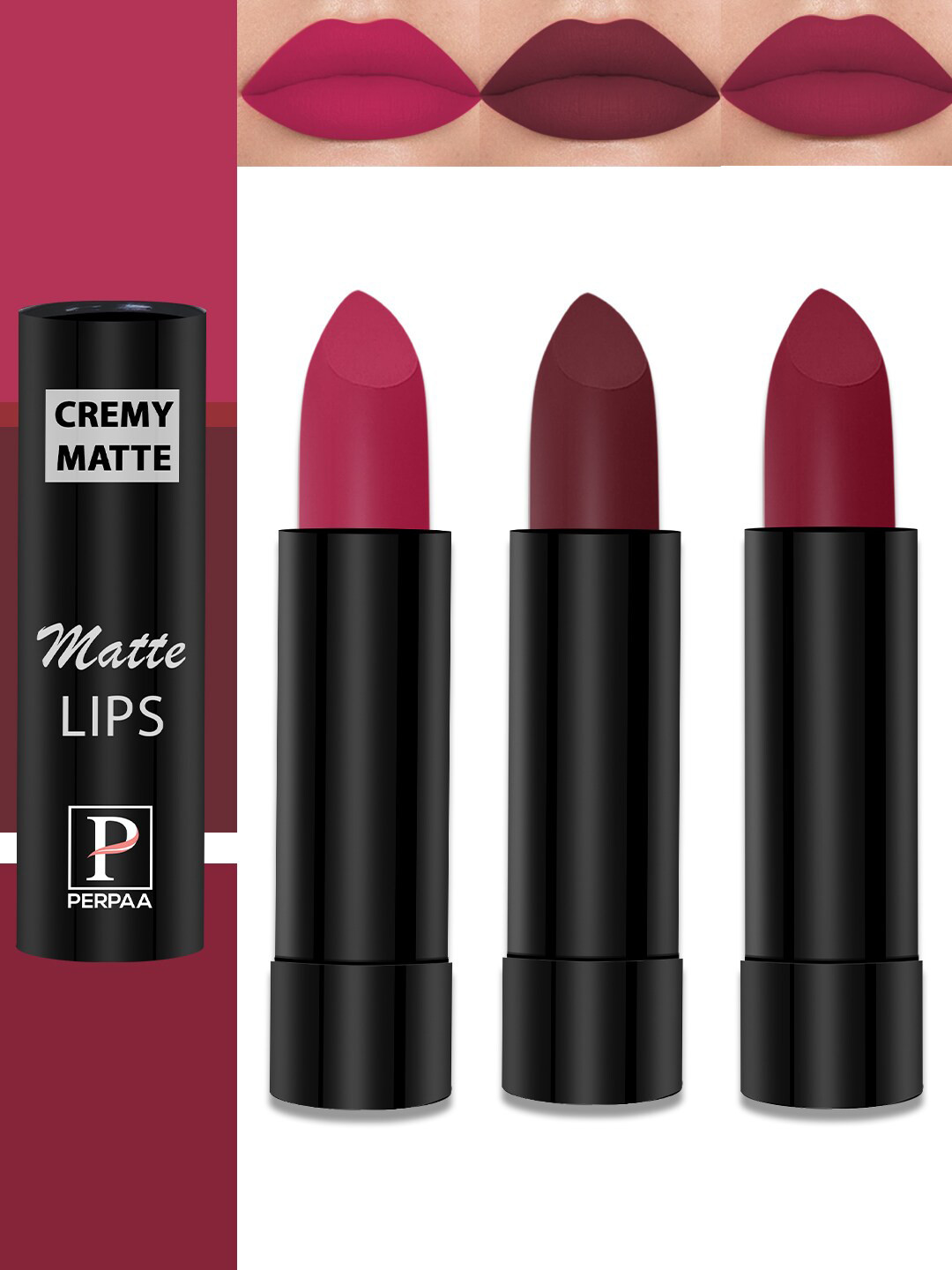 PERPAA Cremy Matte Set Of 3 Lipstick With Jojoba Oil-3.5g Each-Candy Pink-Pink-Dark Maroon