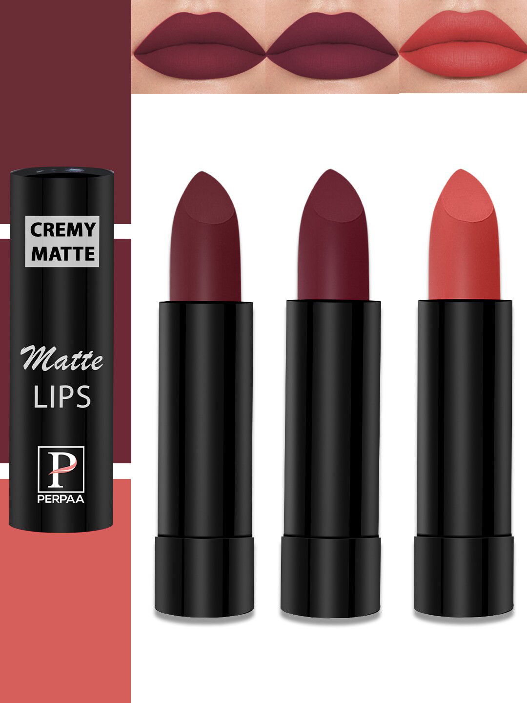 PERPAA Cremy Matte Set Of 3 Lipstick With Jojoba Oil- 3.5g Each-Velvet Orange-Dusky Maroon