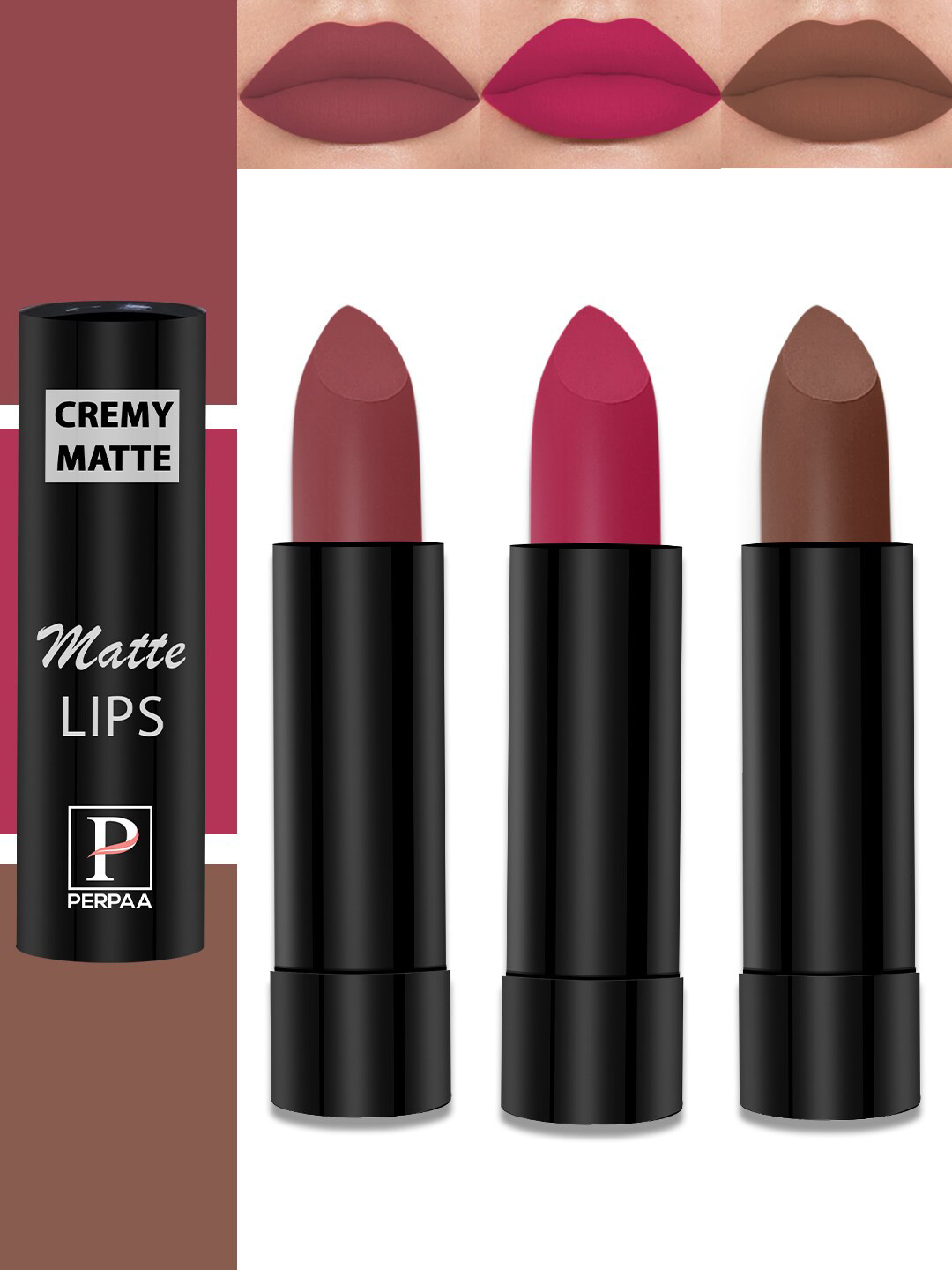 PERPAA Cremy Matte Set Of 3 Lipstick With Jojoba Oil-3.5gEach- Red Rush-Nude-Pink