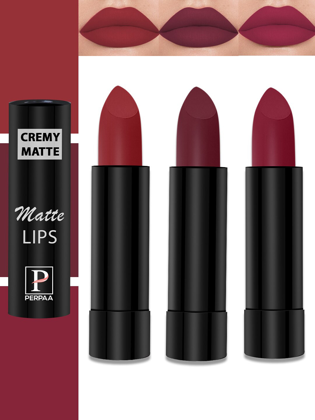 PERPAA Cremy Matte Set Of 3 Lipstick With Jojoba Oil-3.5g Each-Red-Candy Pink-Dusky Maroon